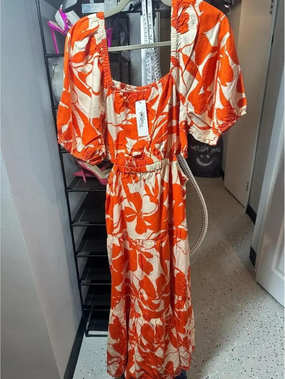 The Drop Orange White Floral Maxi Dress XL Puff Sleeve Smocked Waist Summer Reso - Picture 3 of 6